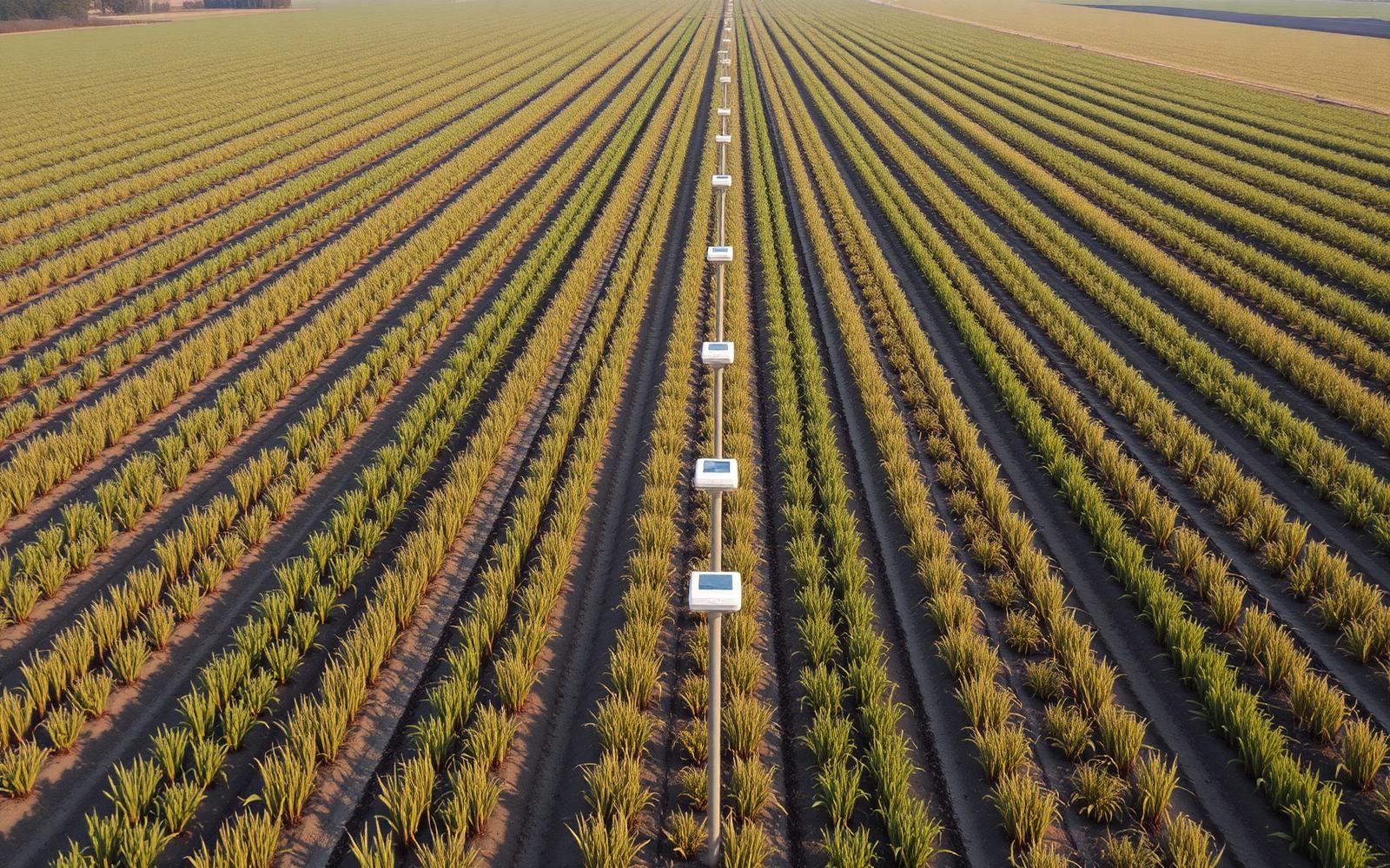 Aerial view of research crop rows with in-field IoT sensor stations