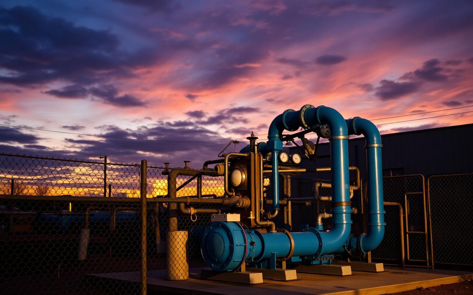 Municipal water pump station with pressure gauges at dusk