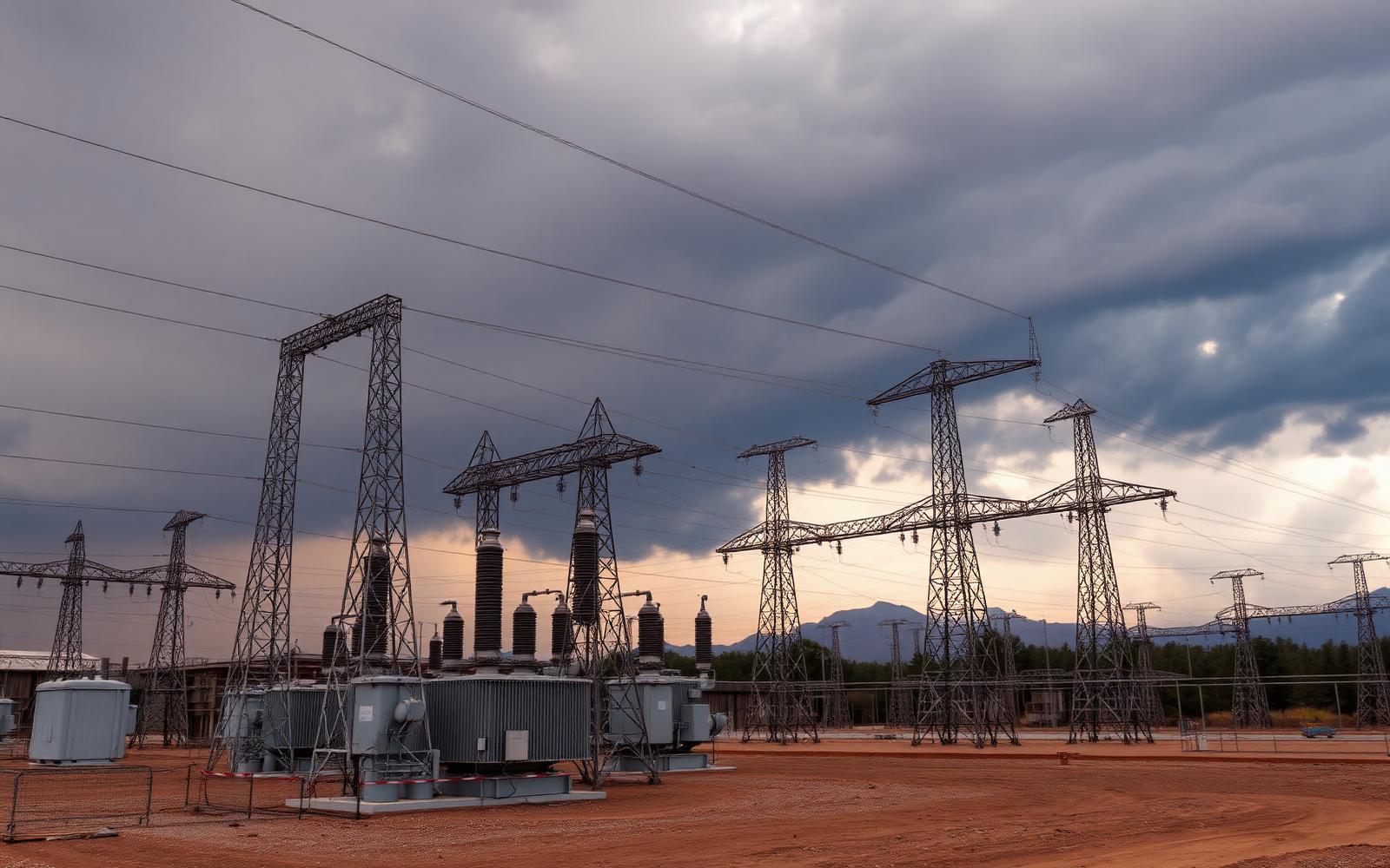High-voltage electrical substation under a stormy sky