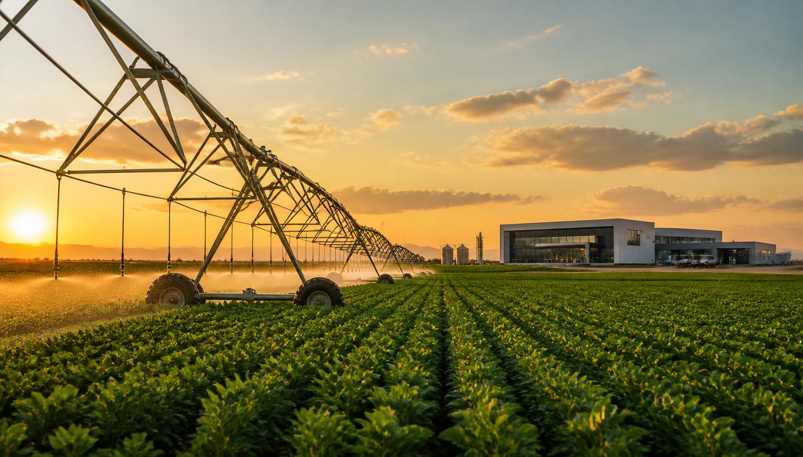 A modern agricultural irrigation system at golden hour