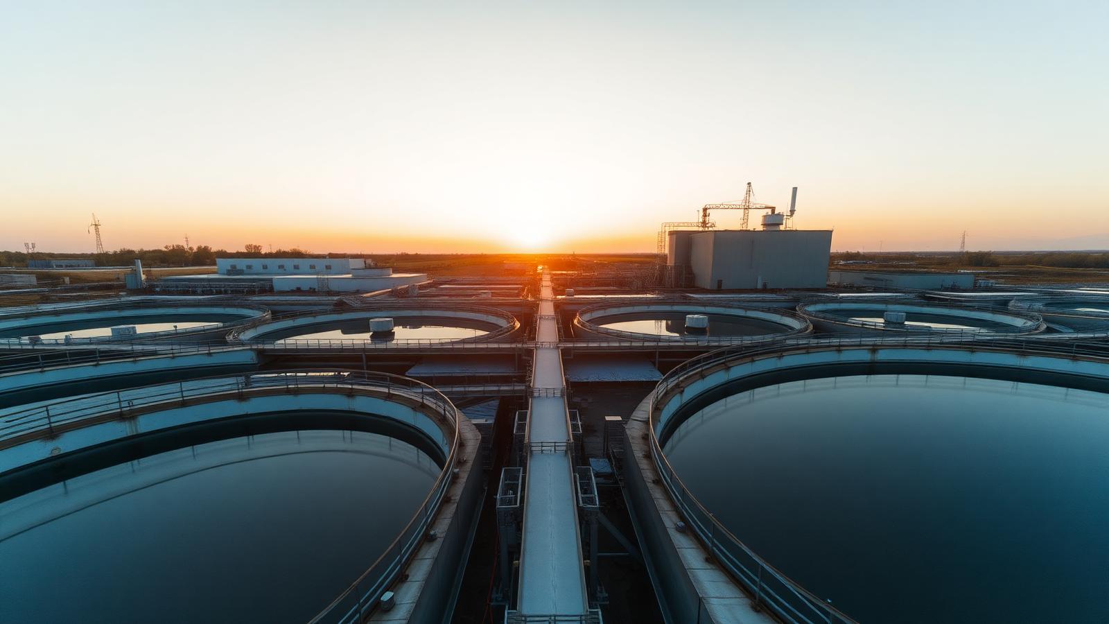 A modern municipal water treatment plant at golden hour